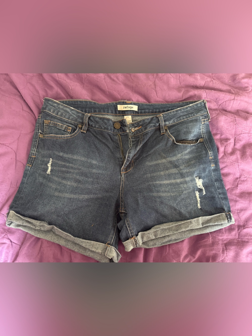 refuge Dark Blue Distressed Rolled-Hem Denim Shorts
